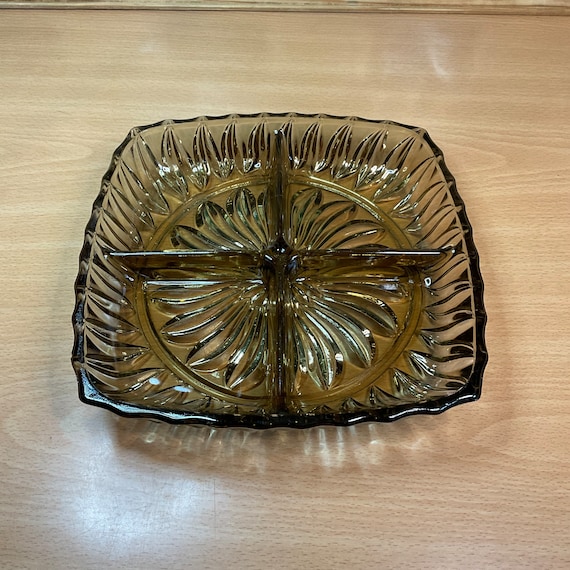 Smoked Cut Glass Serving/Snack Dish. 1970s Vintage.