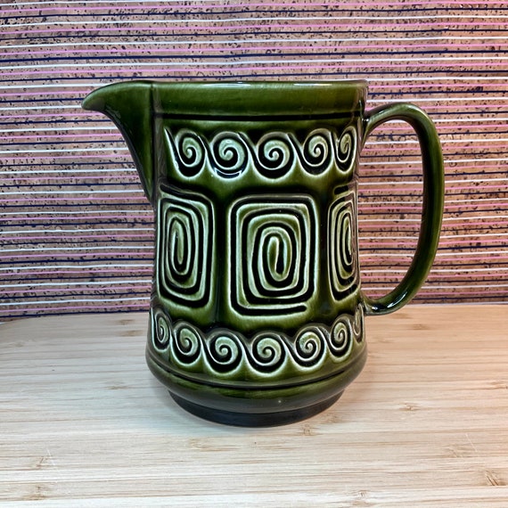 Vintage 1960s - 70s SylvaC ‘Totem’ Olive Green Water Jug / Retro Tableware Drinkware and Kitchen Crockery / Home Decor Accessory / Embossed