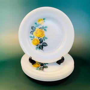 Vintage 60s Phoenix Opalware Milk Glass Tea Plates - Charming Yellow Rose Design for Summery Dining and Entertaining