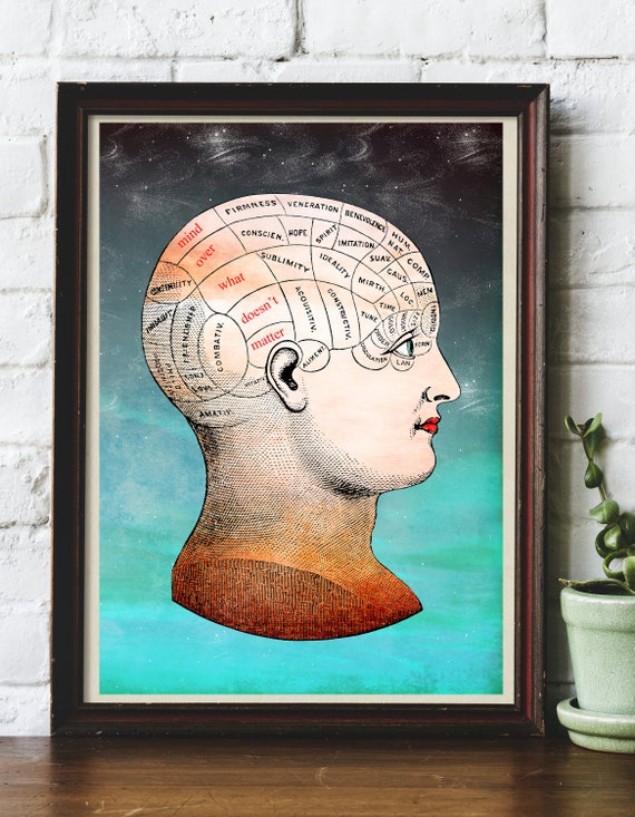 Mind Over What Doesn't Matter Phrenology Head Diagram Don't Stress The Small Stuff Original Art Giclee Print by Helen Temperley. A3/A4 Size.