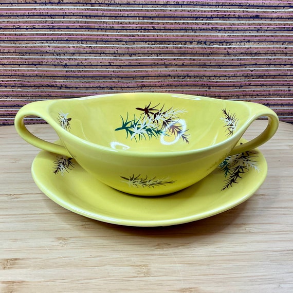 Vintage 1950s James Kent Old Foley ‘Oregon Pine’ Soup Bowl & Saucer Set In Yellow / Retro Tableware / 50s Home Decor Accessory / Crockery