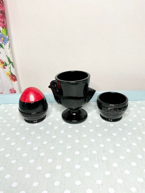 Arcoroc Black Glass Egg Cups and Salt Pot Set. 1980s Vintage.