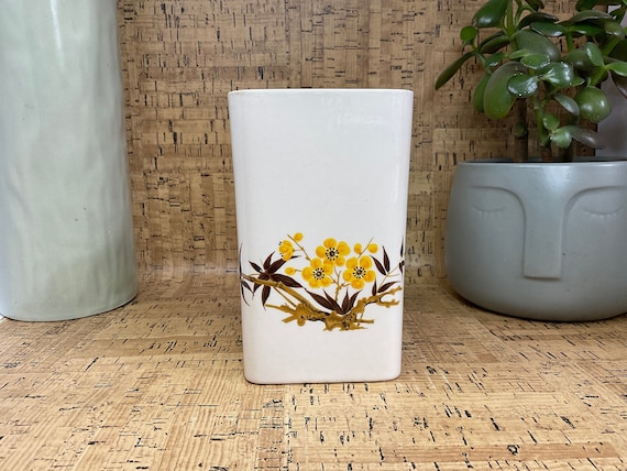 Fontmell Potteries Yellow and Brown Floral Square Vase. 1970s Vintage.