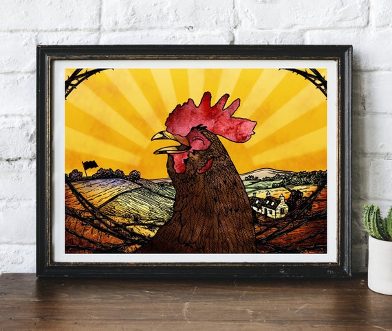 Rooster Cockerel Good Morning Cheerful Sunshine Farmyard Original Art Illustrated Giclée Print by Helen Temperley. A3 or A4 Size.