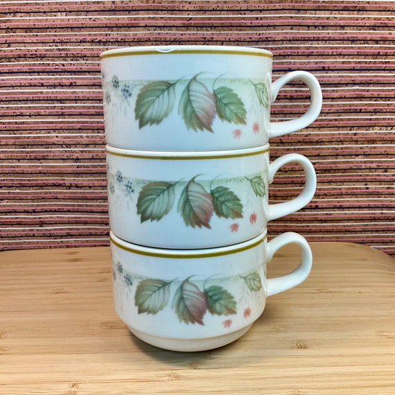 Vintage 1980s Set of 3 Stacking Steelite Sage Green and Peach Cups / Retro Tableware / Vintage Crockery / Cafe Canteen Diner Restaurant