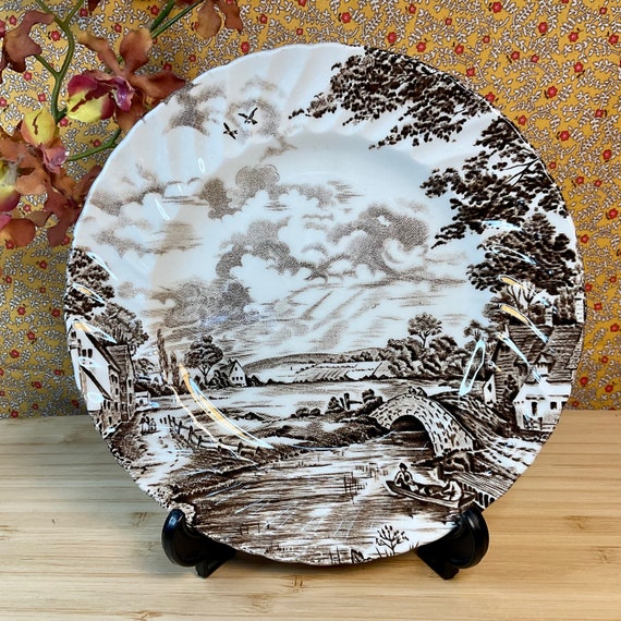 Vintage 1960s Ridgway ‘Country Days’ Side Tea Plate / Traditional Brown & White Transfer Print / Rural Bridge Scene / Retro Tableware Decor