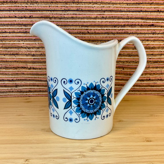 Johnson Bros ‘Engadine’ Milk Jug / Creamer / 1970s Vintage / Retro Tableware & Kitchen Crockery / White Blue Teal / Folky Floral / Gift