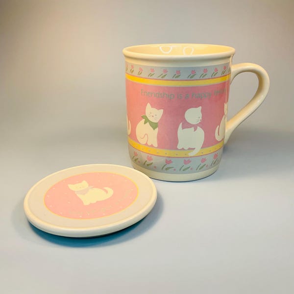 Tazza vintage con coperchio a forma di gatto bianco del 1987 di Hallmark: un adorabile regalo per gli amanti dei gatti. L'amicizia è un sentimento felice!