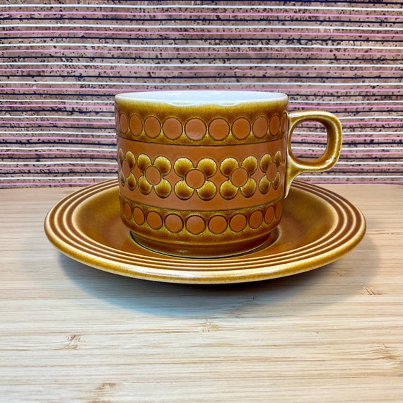 Vintage 1970s Hornsea ‘Saffron’ Cup and Saucer Sets / Retro Tableware / 70s Home Decor Accessory / Brown and Orange / Flowers and Circles