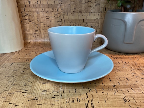 Poole Twintone Dove Grey and Sky Blue Cup and Saucer Sets and Single Cups. 1950s-80s Vintage.