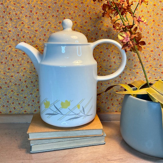 Vintage 1980s Kiln Craft Coloroll Yellow and Grey Floral Coffee Pot / Diagonal Stripes / Retro Kitchen Tableware /80s  Home Decor Accessory