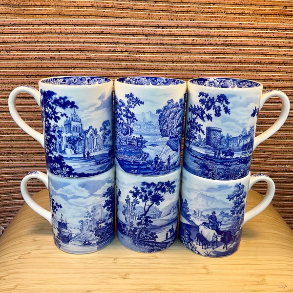 Set of 6 Wedgwood Queen’s Ware Compton & Woodhouse Blue and White Scenery Mugs / 1997 Vintage / Traditional Style / Rural River Country