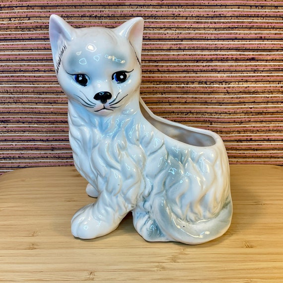 Vintage 1950s Ceramic Cat Planter / Storage Pot / Retro Home Decor / Dog Lover Gift / Kitsch Dog Ornament / Small Plant Pot / Pen Pot