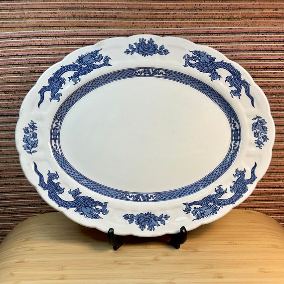 Vintage 1920s/30s Booths ‘Blue Dragon’ A8029 31 cm Oval Serving Platter / Art Deco / Traditional / Chinese Dragon / Retro Tableware /