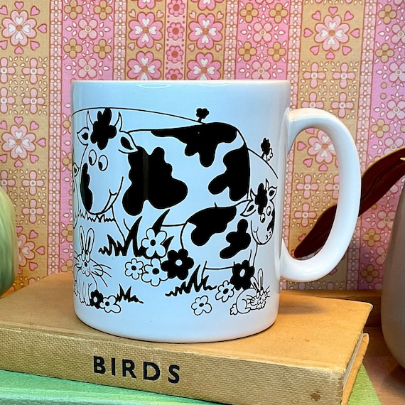 Vintage 1980s Tams Cows and Rabbits Mug / Black and White / Novelty Cartoon Cow and Bunny / Retro Tableware / 90s Home Accessory / Gift Mug