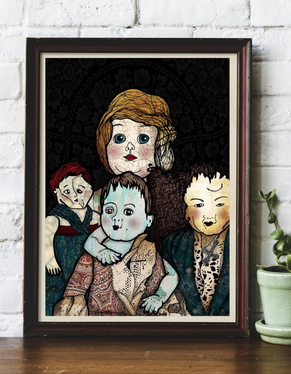 Broken Dolls Creepy Toy Original Art Illustrated Giclée Print by Helen Temperley. A3 or A4 Size.