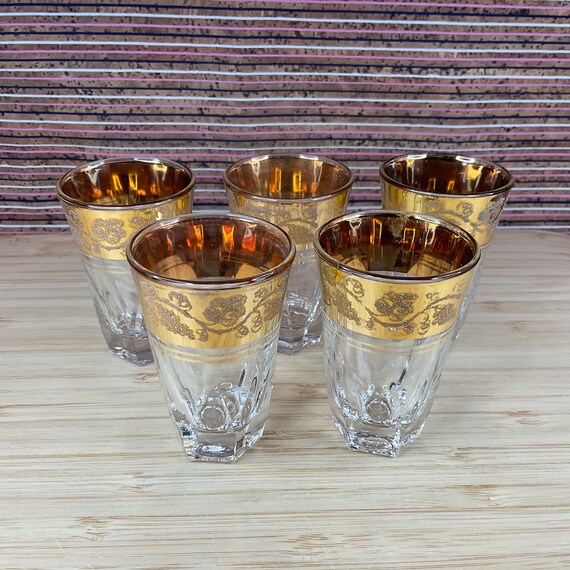 Set Of 5 Stampi Francolini Gold Rimmed Italian Shot Glasses with Frosted Grape Pattern  / Liqueur Glasses / Retro Glassware Mid Century