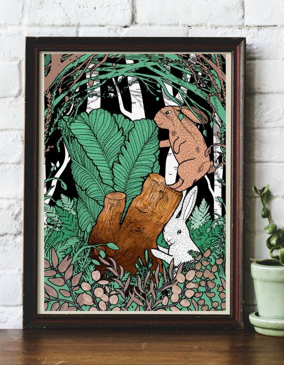 Sylvac Pottery Rabbit Vase Two Curious Bunnies Woodland Fern Trees Illustrated Original Art Giclee Print by Helen Temperley. A3 or A4 Size.