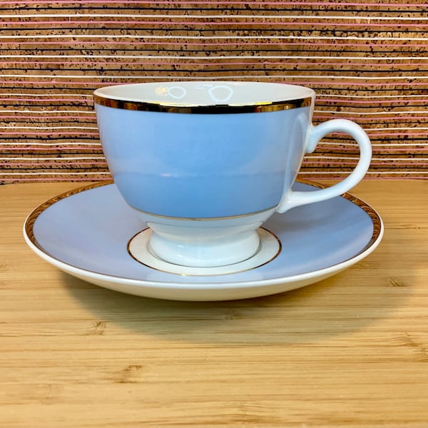 Doulton ‘Bruce Oldfield Daily Mail Offer’ Cup and Saucer Sets / 2004 Vintage / Pale Blue White & Gold / Retro Tableware / Crockery Decor
