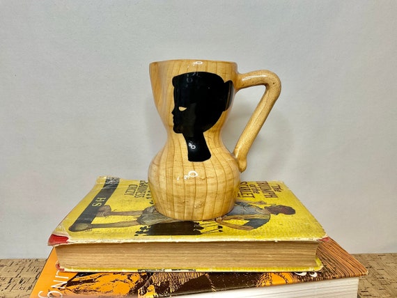 Grandjean Vallauris Jourdan Small Faux Bois Jug With Ladies Head Silhouette Design. 1950s Vintage Piece.