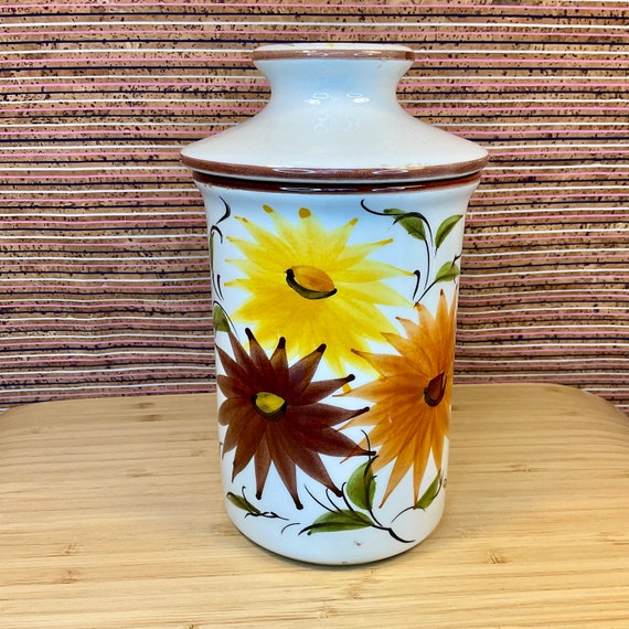 John Buck Pottery Portugal Hand Painted Ceramic Storge Jar / Orange Brown and Yellow Floral Pattern / 1970s Home Decor / Retro Kitchen Pot