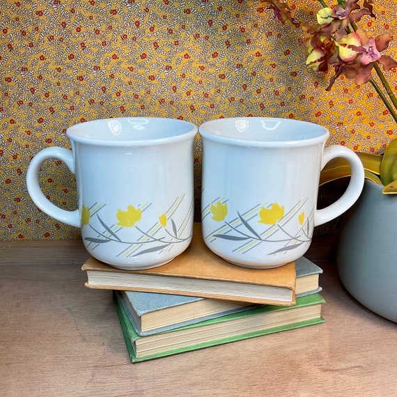 Pair Of Vintage 1980s Coloroll Yellow and Grey Floral Mugs / Diagonal Stripes / Retro Tableware / 80s Home Decor Accessory / Gift For Couple