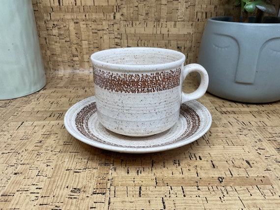 Vintage 1970s Churchill Homespun ‘Cottage’ Cup and Saucer Set With Brown Trim / Retro Tableware / Cottagecore / 70s Kitchen & Dining