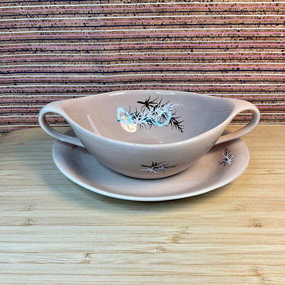 Vintage 1950s James Kent Ltd ‘Oregon Pine’ Soup Bowl & Saucer Set In Mushroom / Retro Tableware / 50s Home Decor Accessory / Dining Crockery