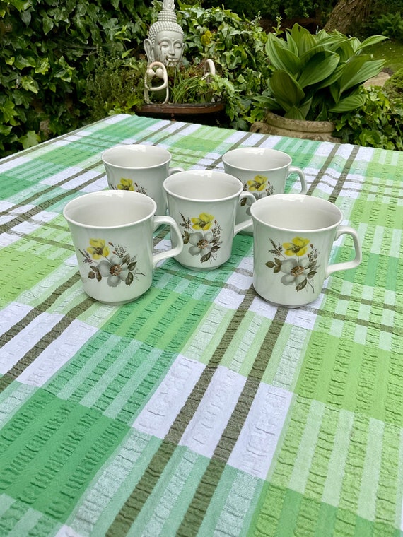 J and G Meakin Studio Yellow and Grey Floral Cups. 1960s Vintage.