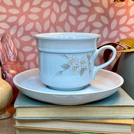 Vintage 1980s Denby ‘Normandy’ Cup and Saucer Sets / Pink & Brown Floral / Delicate Pastel / Blossom / Retro Tableware / Home Accessory