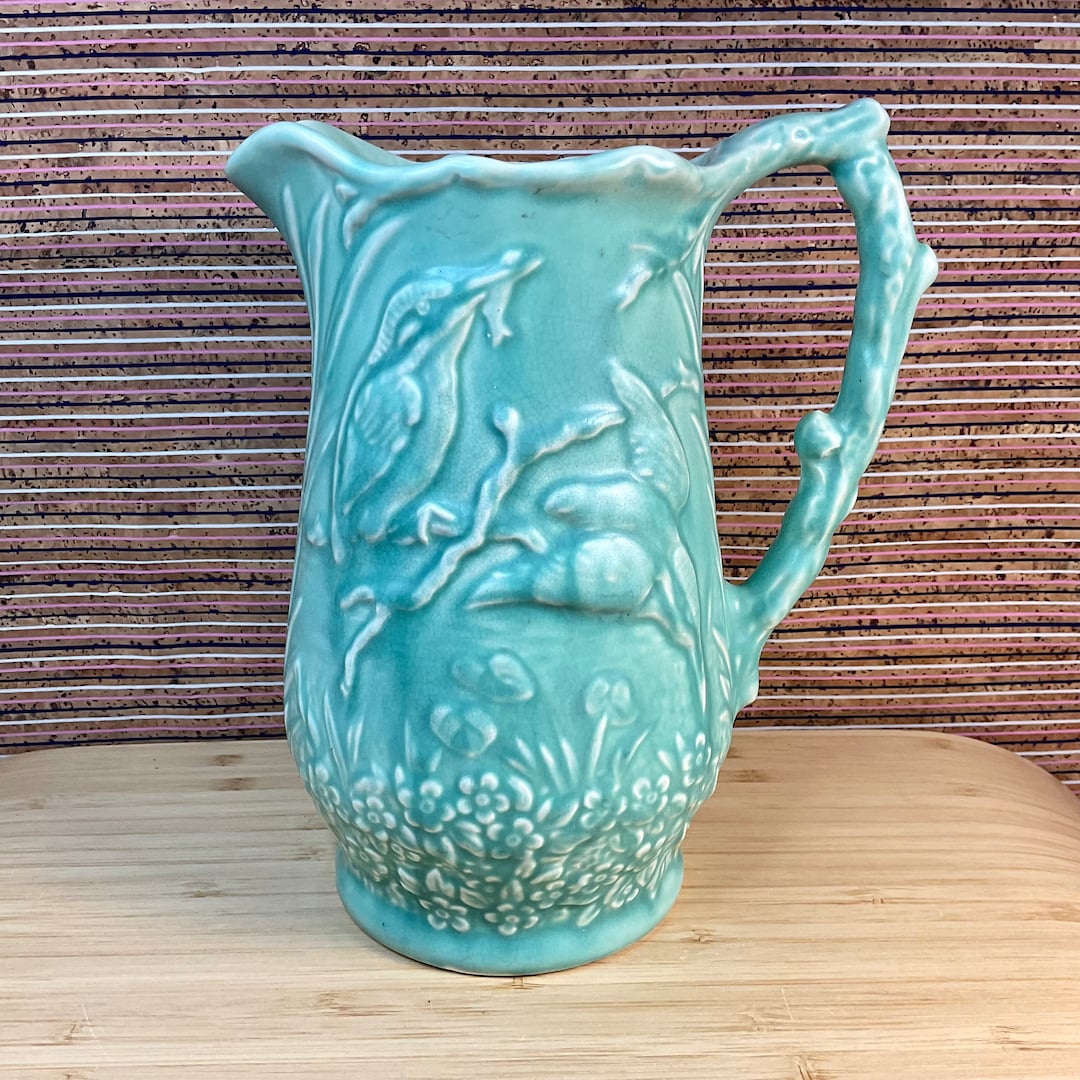 Vintage 1930s Arthur Wood Kingfisher Jug / Turquoise Embossed Birds and