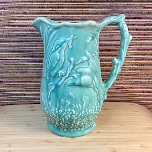 Vintage 1930s Arthur Wood Kingfisher Jug / Turquoise Embossed Birds and Flowers Design / Art Deco Home Decor Accessory / Vase / Collectable