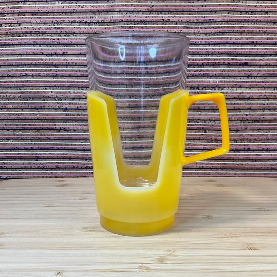 Vintage 1970s Arcoroc Tall Glass With Yellow Plastic Holder / For Hot Or Cold Beverages / Camping / Caravan / Picnic / Retro Tablware