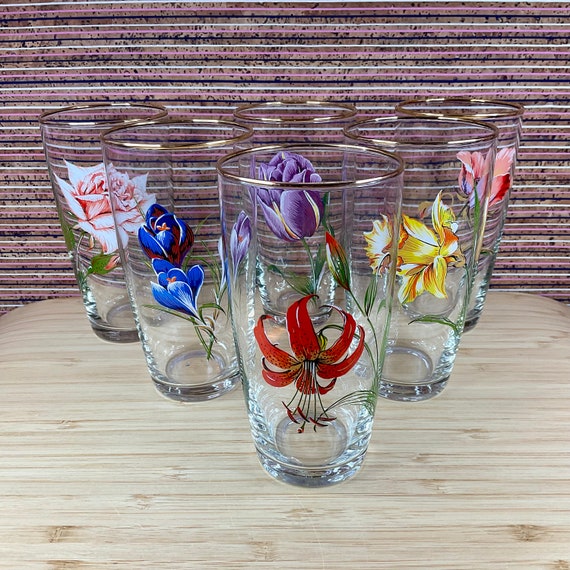 Set of 6 Mid Century Floral Design Gold Rimmed Tumblers / Retro Glassware Drinkware / 1950s 1960s / Vintage Party / Entertaining / Home Bar