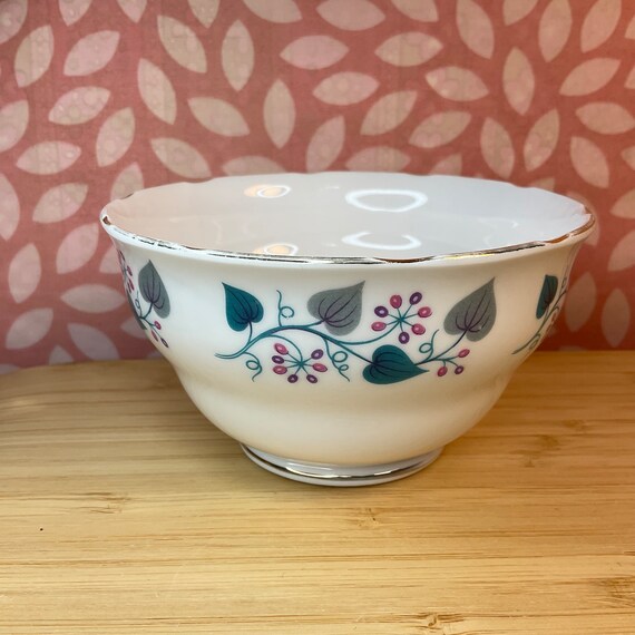 Vintage 1960s Royal Vale Cute Floral Pattern Bone China Sugar Bowl / Pink Teal and Grey / Retro Tableware / Home Decor Accessory / Storage