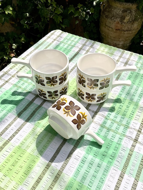 Staffordshire Potteries Ltd Brown and White Soup Bowls With Handles. 1970s Vintage.