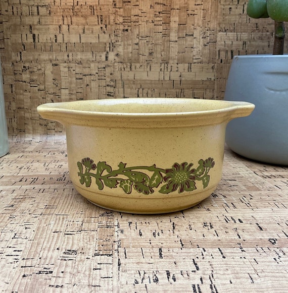 Vintage 1970s Kiln Craft Olive Green and Brown Floral Soup Bowls / Retro Tableware / Handles / 70s Home Accessory / Decor / Vintage Gift