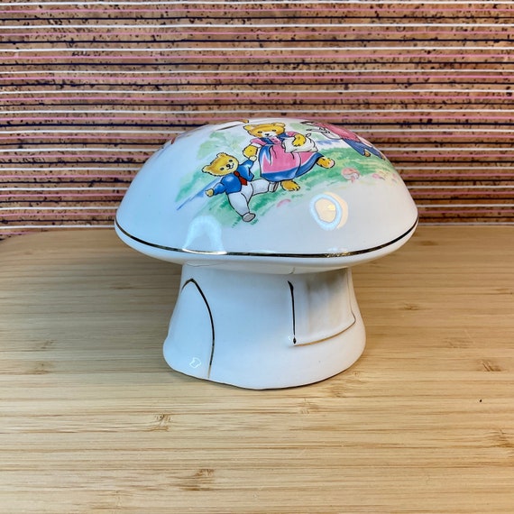 Vintage 1970s Mushroom Toadstool House Money Box With Teddy Bear Family Design and Gold Trim / Retro 70s Home Decor Accessory / Collectable