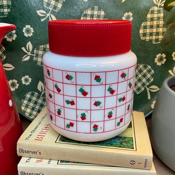 Vintage 1980s Milk Glass Storage Jars / Red and Green Geometric Pattern / 80s Home / Retro Kitchen Storage / Office Storage / Craft Storage