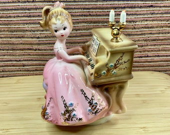 Josef Originals Girl in Pink Dress at Piano Ceramic Music Box / Lara’s Theme / Dr Zhivago / 1960s Vintage Collectable / Home Decor Accessory