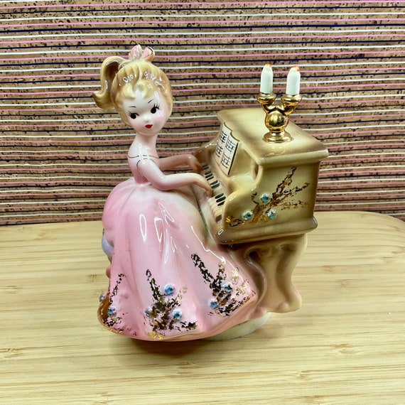 Josef Originals Girl in Pink Dress at Piano Ceramic Music Box / Lara’s Theme / Dr Zhivago / 1960s Vintage Collectable / Home Decor Accessory