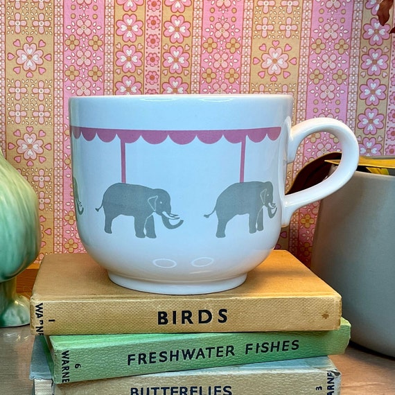 Vintage 1980s Kiln Craft Elephant Carousel Mug / Grey and Dusky Pink / Pastel / Retro Tableware / 80s Home Accessory / Large Cup / Soup Mug