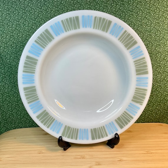 Vintage 1960s JAJ Pyrex Matchmaker Soup Bowl / 60s Retro Tableware / Milk Glass Crockery / Green and Blue Stripe Pattern