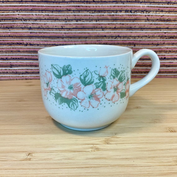 Vintage 1980s EIT Peach and Sage Green Floral Cups / 80s Chintz / Retro Tableware / English Ironstone / Pastel / Delicate Floral