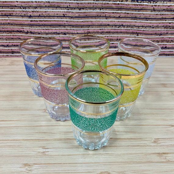 Set Of 6 Harlequin Pastel Coloured Frosted French Shot Glasses with Gold Trim  / Liqueur Glasses / Retro Mid Century Glassware / Drinkware