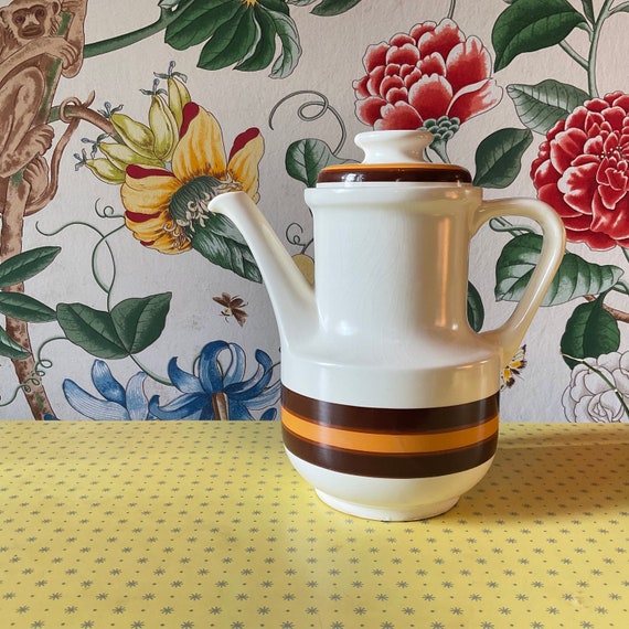 Vintage 1960s Sado Portugal Ochre and Brown Striped Coffee Pot / Mid Century Home / Retro Kitchen and Dining / Vintage Drinkware