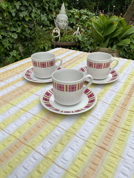 Myott Burgundy and Mustard Design Cup and Saucer Sets. 1960s Vintage.