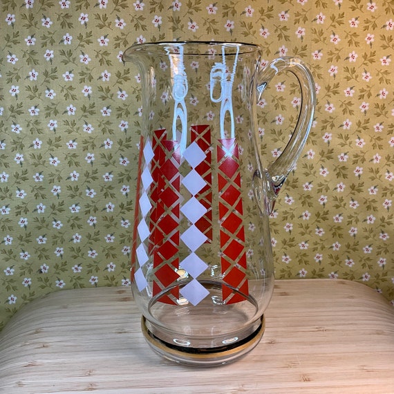 Vintage 1950s Harlequin Pattern Tall Glass Jug With Gold Trim / Water Pitcher / Flower Vase / Mid Century Home Decor Accessory / Red & White