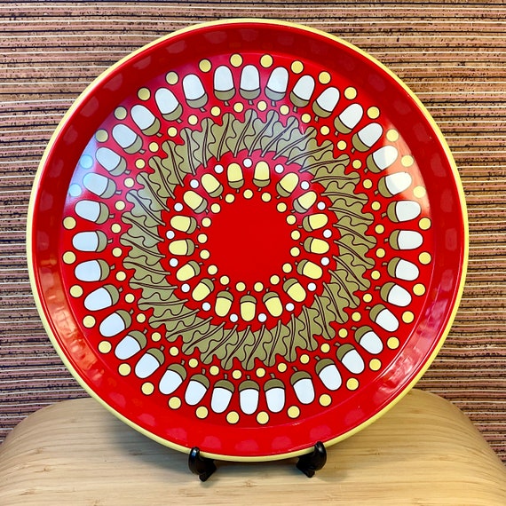 Vintage 1960s National Trust Tin Serving Tray With Acorn Design By Pat Albeck / Mid Century Modern Kitchen / Home Decor / Red Yellow White