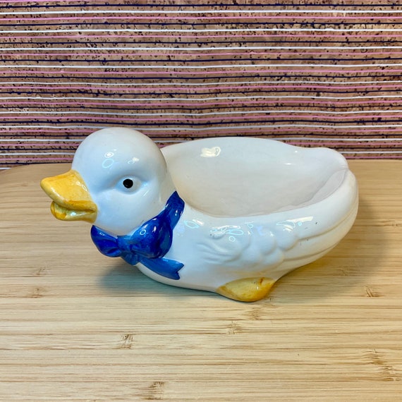 Vintage 1980s Ribbon Goose Soap or Trinket Dish / Blue Neck Bow / Retro Home Decor Accessory / Bathroom Kitchen or Dressing Table / Vanity